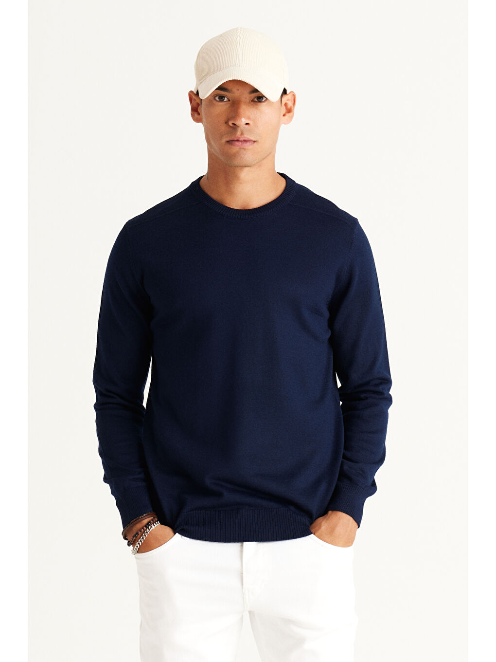 Erkek Lacivert Standart Fit Normal Kesim Bisiklet Yaka Triko Kazak