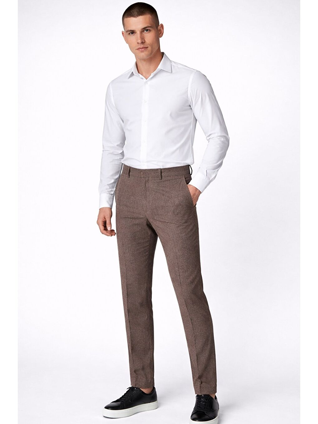 Kahverengi Giotelli Erkek Kahve Dar Kesim Slim Fit Yünlü Dokuma Yan Cep Normal Bel Pantolon-1