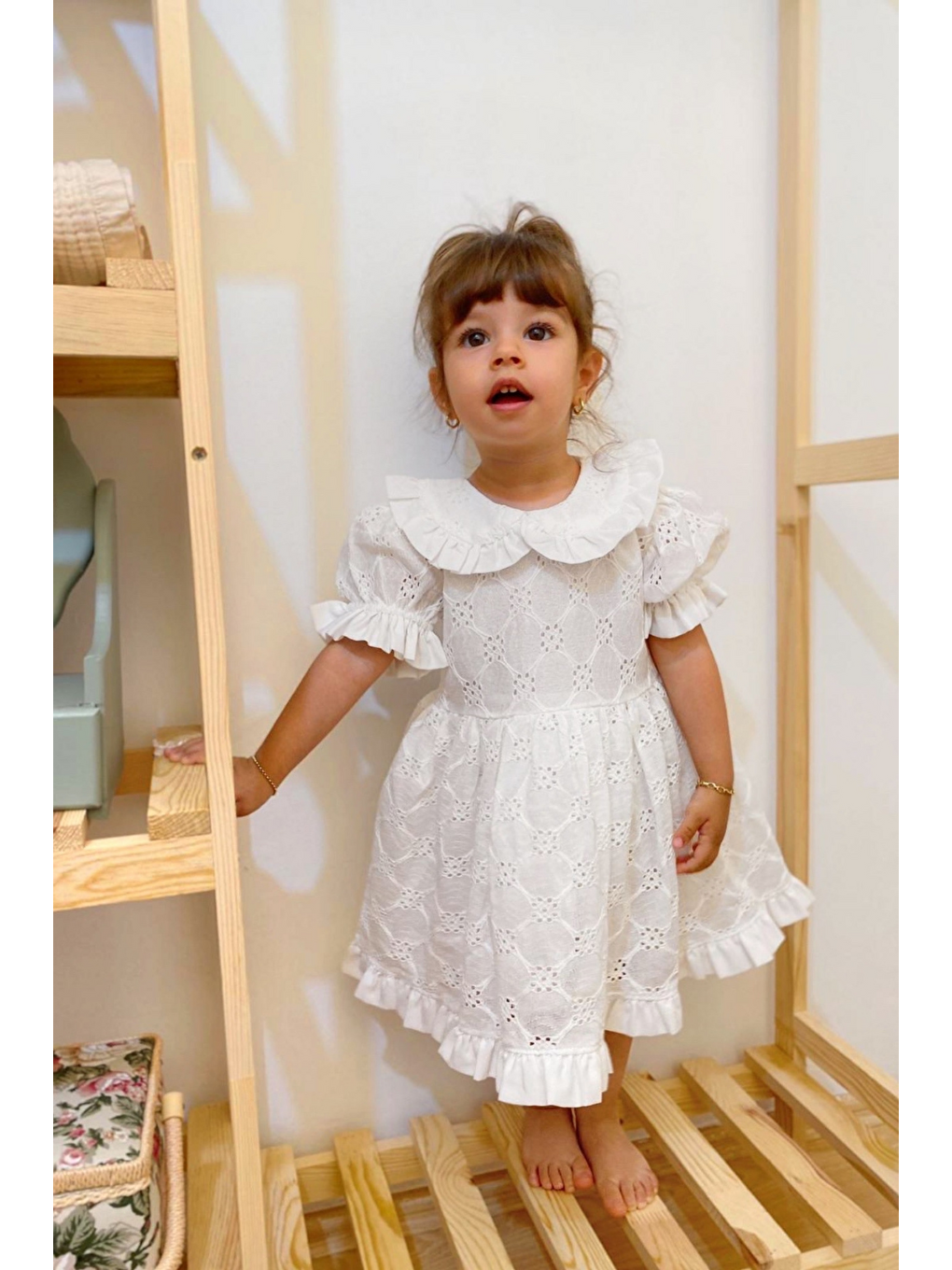 Ekru Fistolu Bebe Yaka Kısa Kol Kız Çocuk Kız Bebek Elbise-1