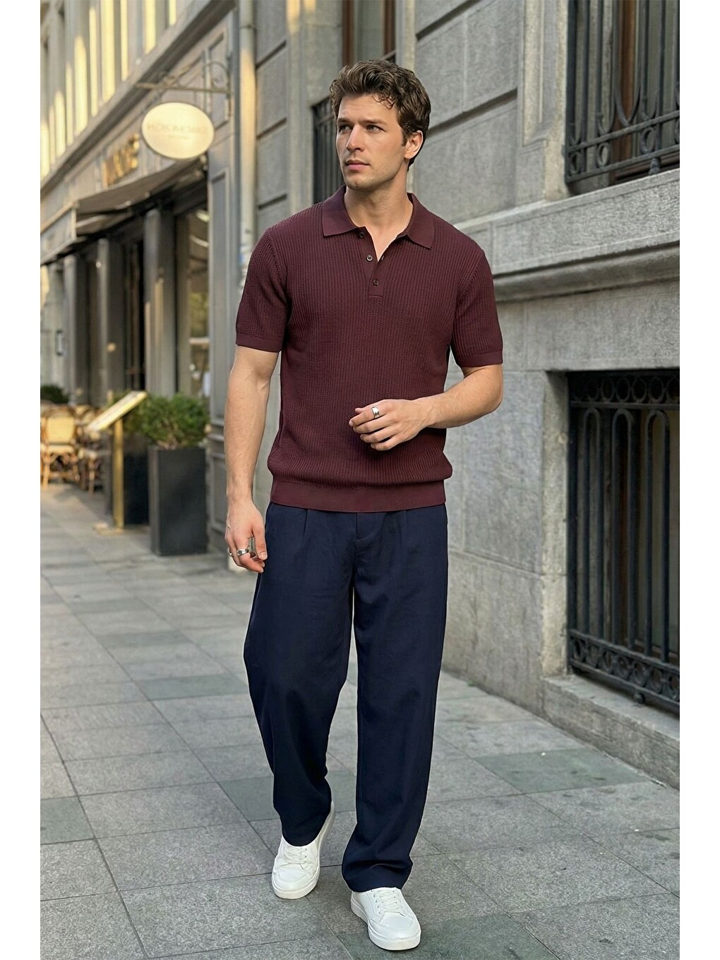 Bordo Bande Regular Fit Erkek Kısa Kol Triko Polo Yaka Dokulu Tişört-3