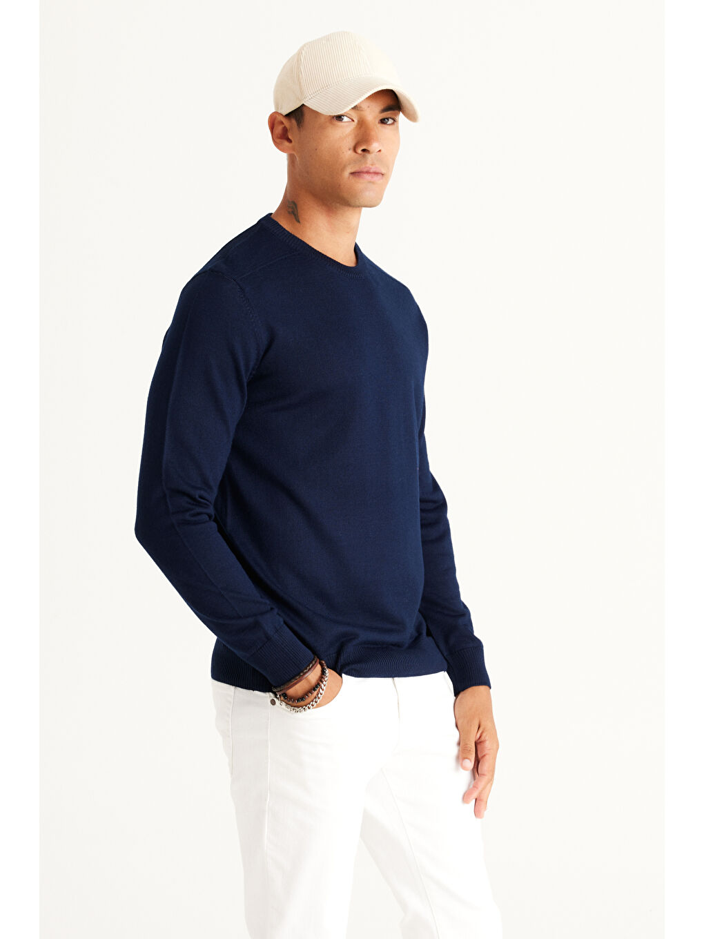 Erkek Lacivert Standart Fit Normal Kesim Bisiklet Yaka Triko Kazak-2