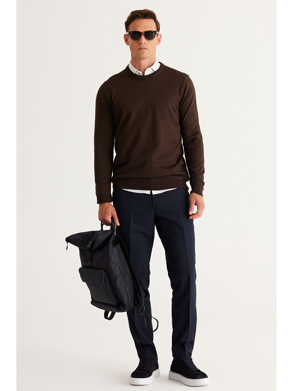 Erkek Kahverengi Standart Fit Normal Kesim Bisiklet Yaka Triko Kazak-4