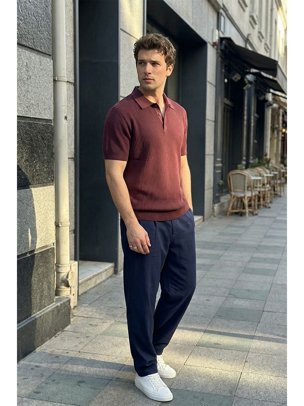 Bordo Bande Regular Fit Erkek Kısa Kol Triko Polo Yaka Dokulu Tişört-4
