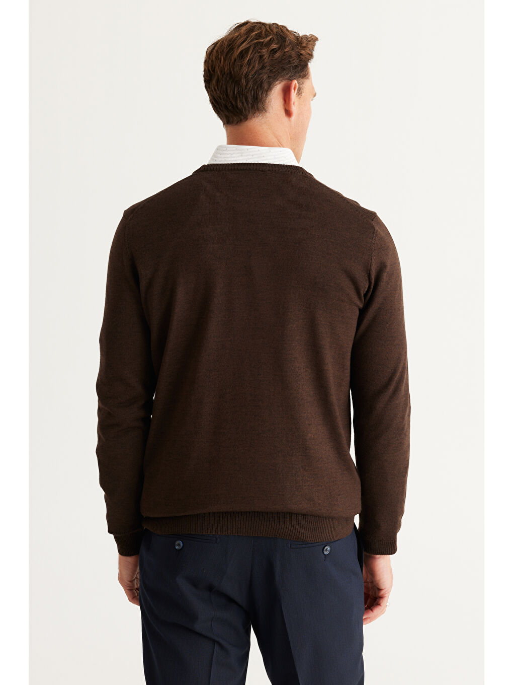 Erkek Kahverengi Standart Fit Normal Kesim Bisiklet Yaka Triko Kazak-5