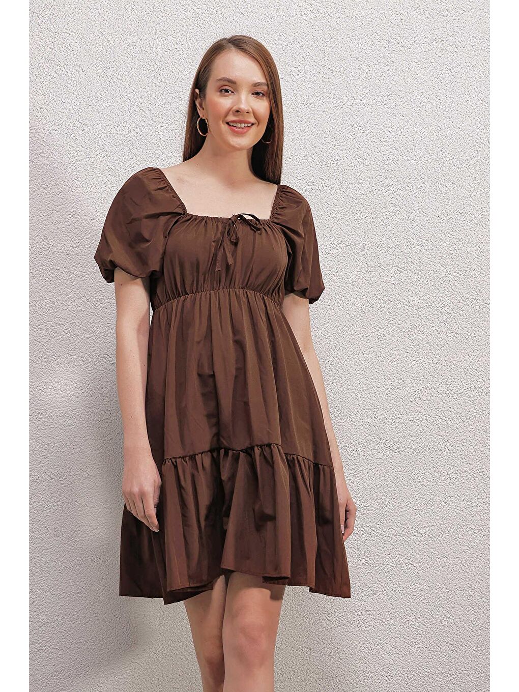 Kahverengi Kloş Poplin Elbise