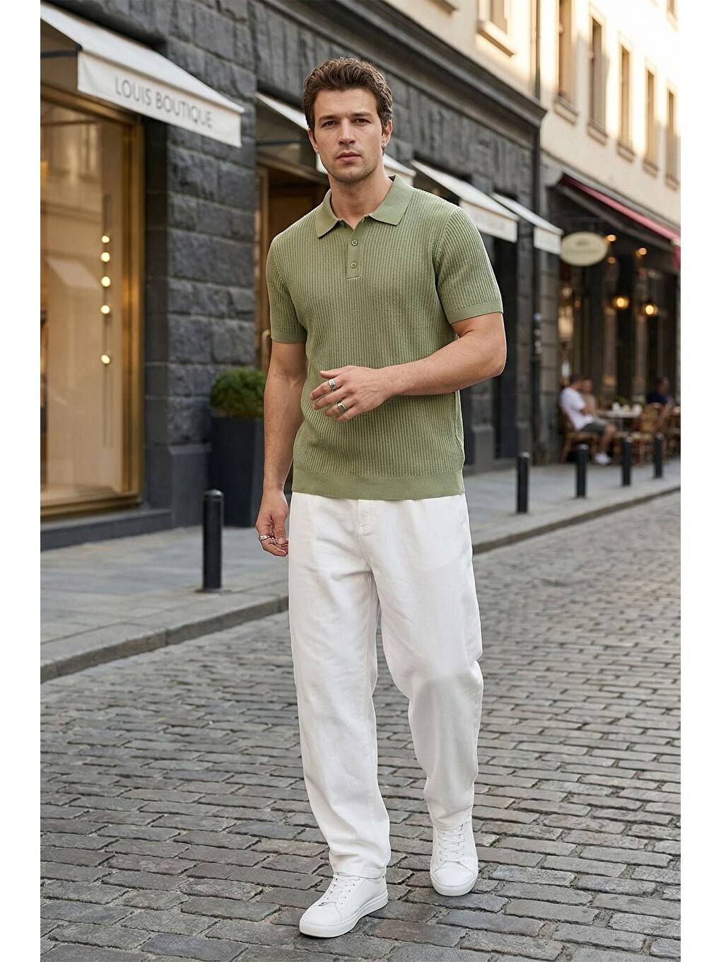 Yeşil Bande Regular Fit Erkek Kısa Kol Triko Polo Yaka Dokulu Tişört-1