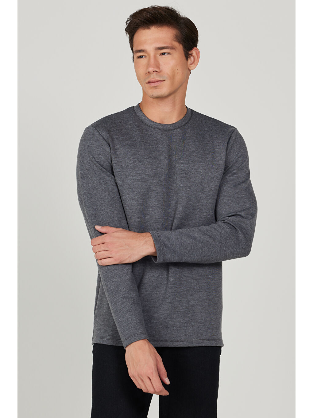 Erkek Antrasit-Melanj Slim Fit Dar Kesim Bisiklet Yaka Tişört-1