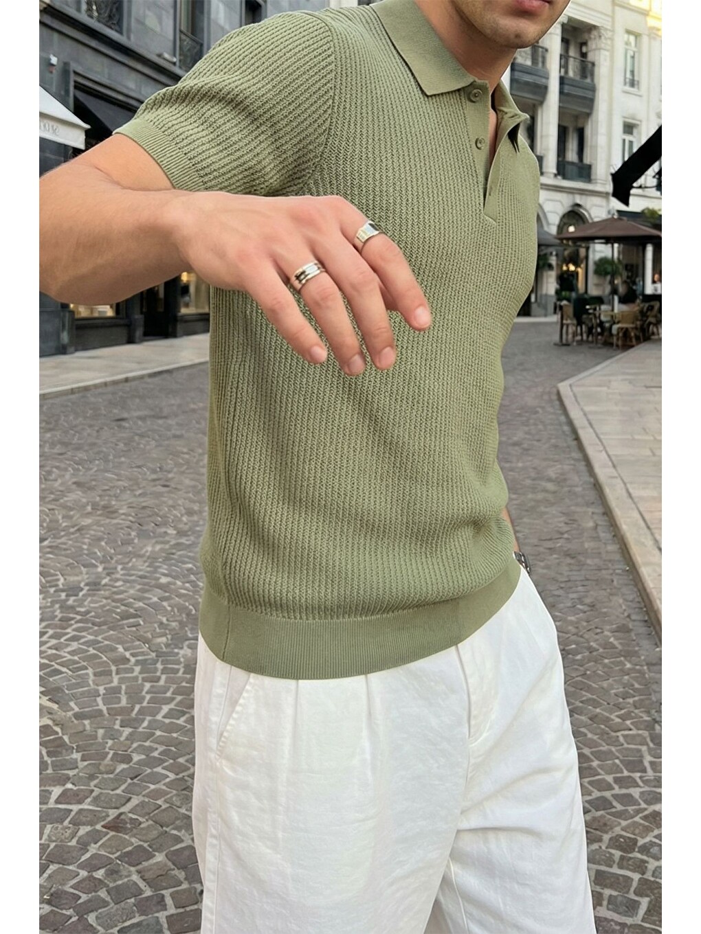 Yeşil Bande Regular Fit Erkek Kısa Kol Triko Polo Yaka Dokulu Tişört-2