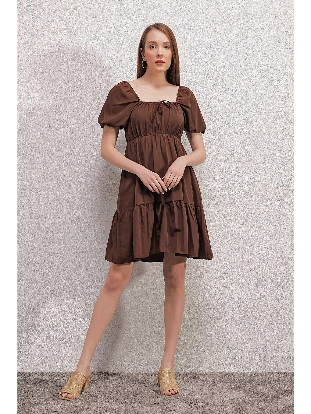 Kahverengi Kloş Poplin Elbise-1