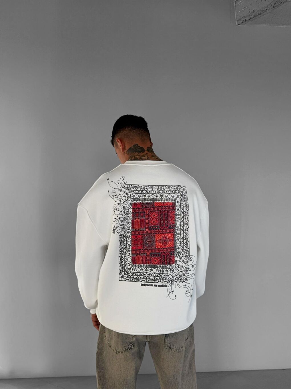 ablukaonline Erkek Oversize Desen Yamalı Sweatshirt Ekru - 3