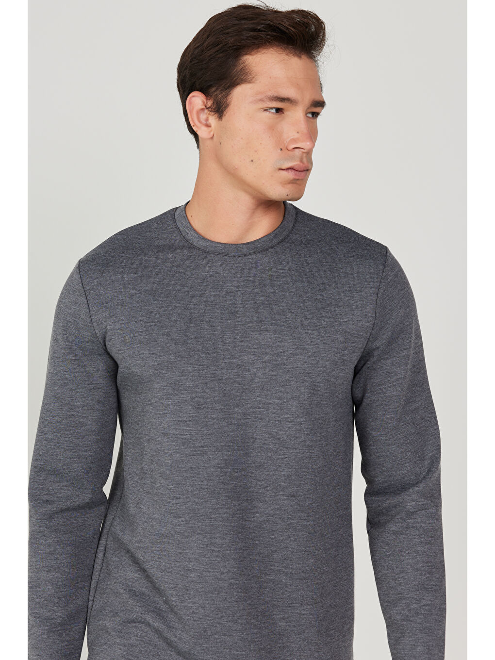 Erkek Antrasit-Melanj Slim Fit Dar Kesim Bisiklet Yaka Tişört-2