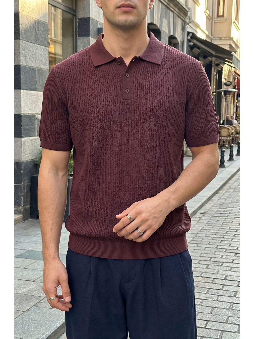 Bordo Bande Regular Fit Erkek Kısa Kol Triko Polo Yaka Dokulu Tişört-5