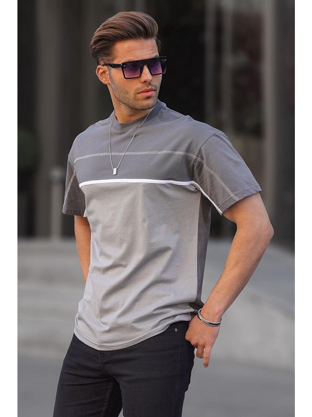 Gri Füme Renk Bloklu Erkek Tişört 5826