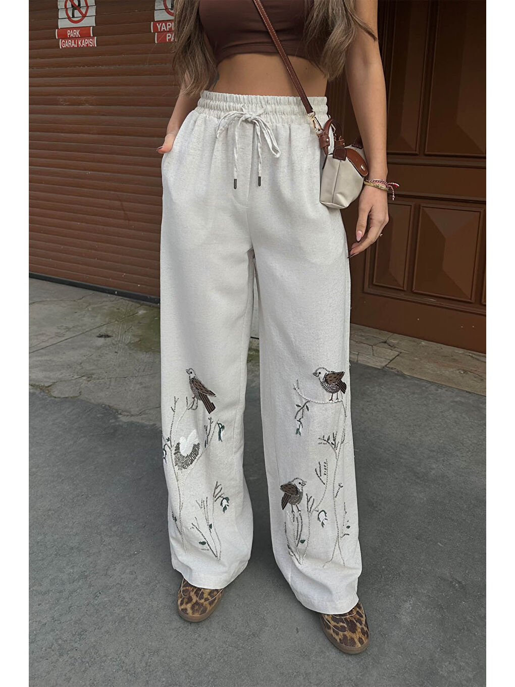 Bej İşlemeli Palazzo Keten Pantolon 6YXK5-49100-25-1