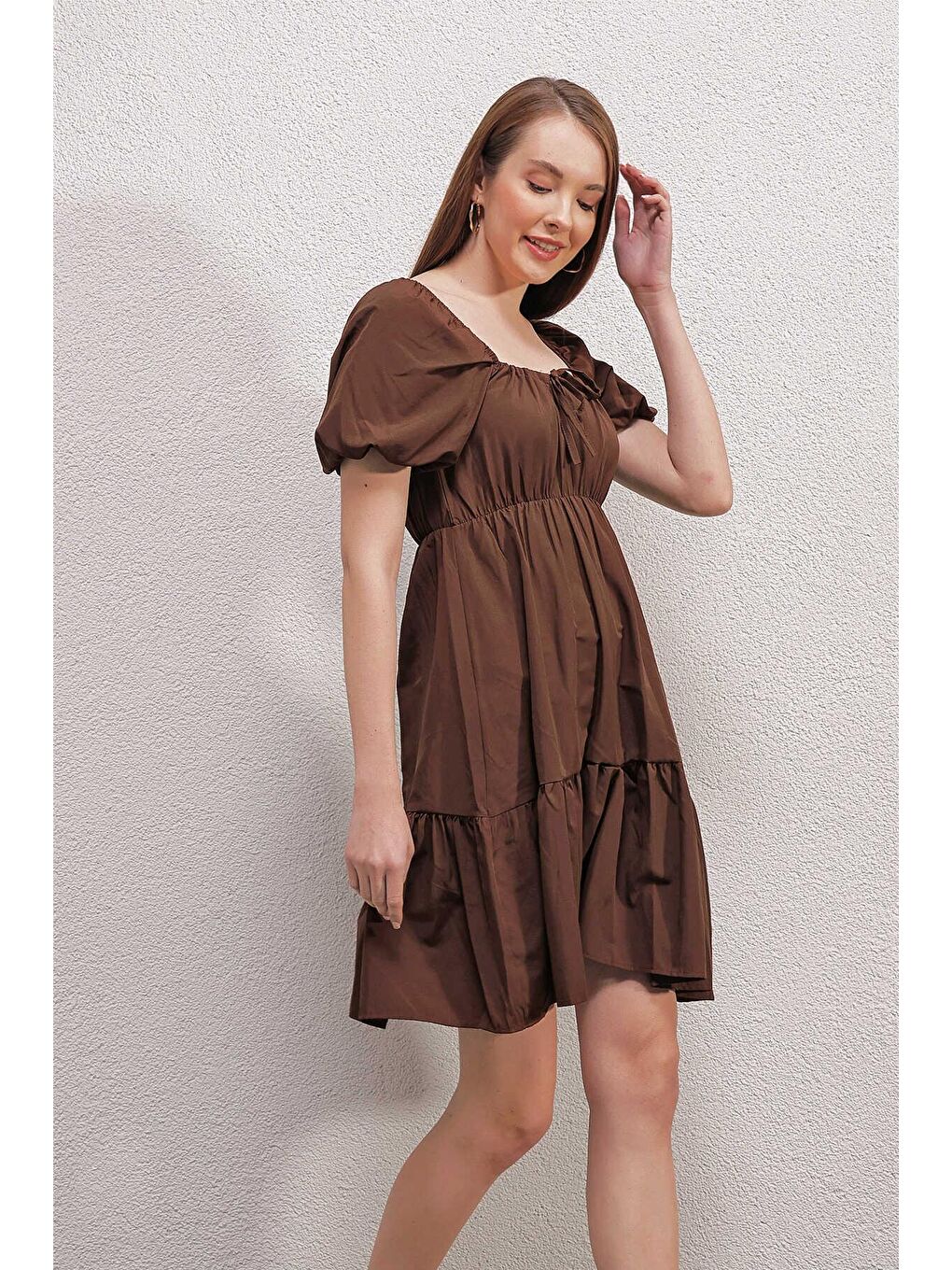 Kahverengi Kloş Poplin Elbise-2