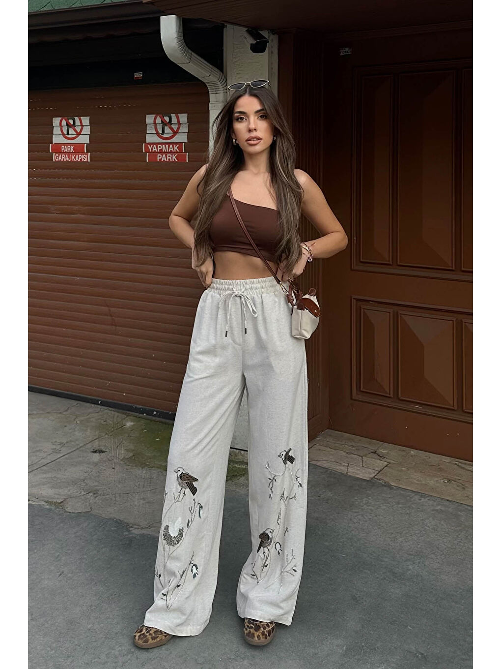 Bej İşlemeli Palazzo Keten Pantolon 6YXK5-49100-25-2