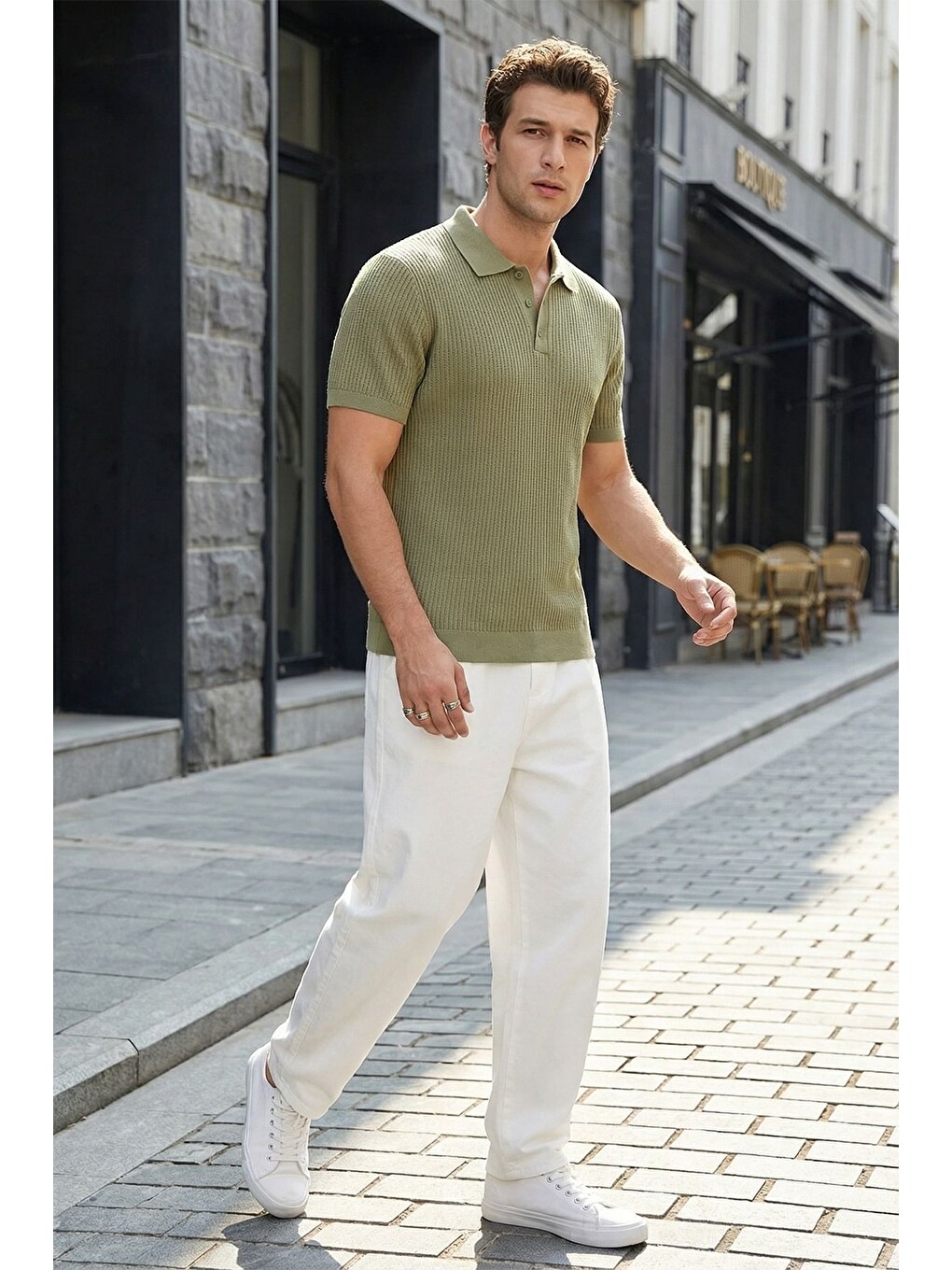 Yeşil Bande Regular Fit Erkek Kısa Kol Triko Polo Yaka Dokulu Tişört-3
