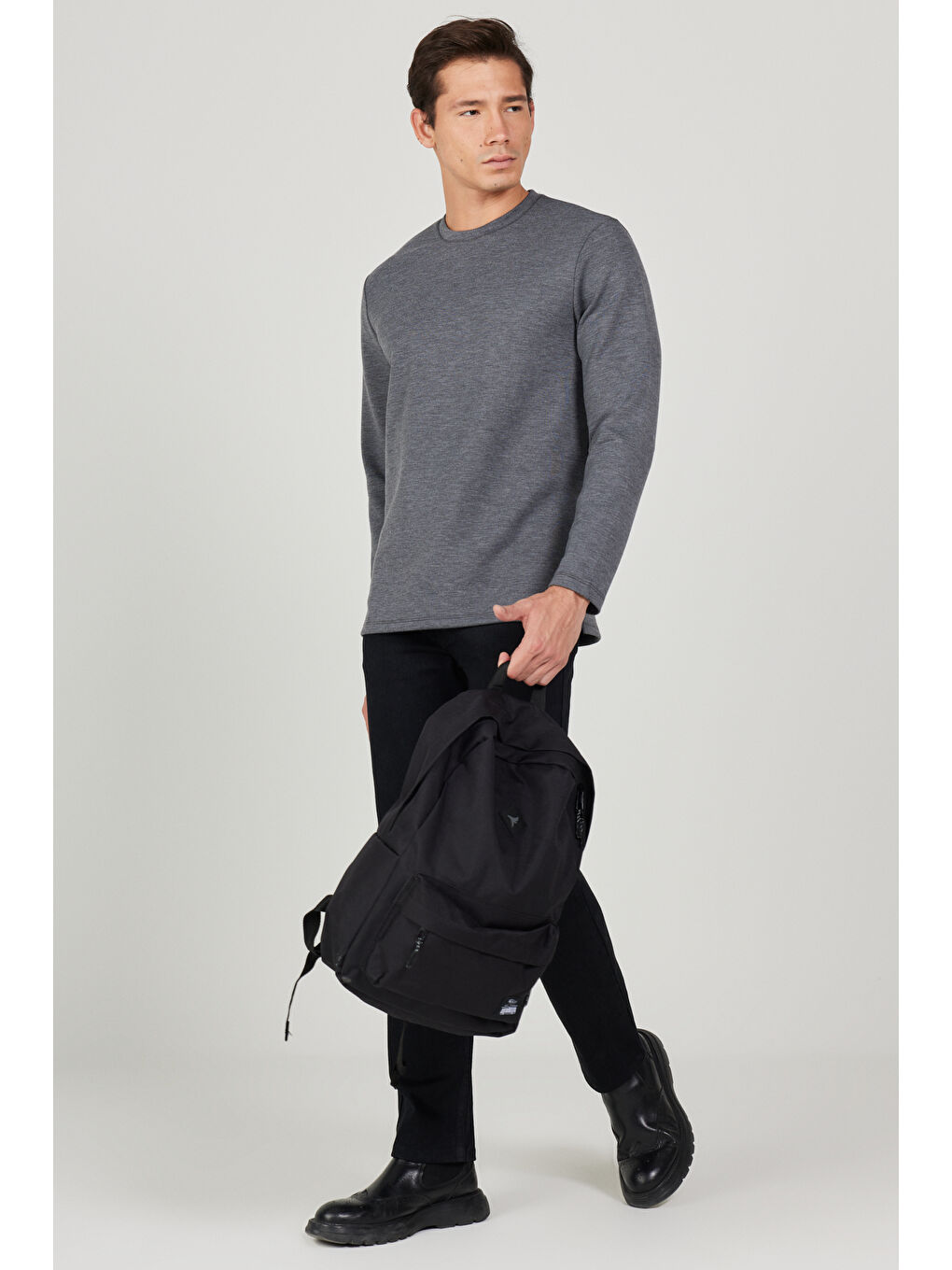 Erkek Antrasit-Melanj Slim Fit Dar Kesim Bisiklet Yaka Tişört-4