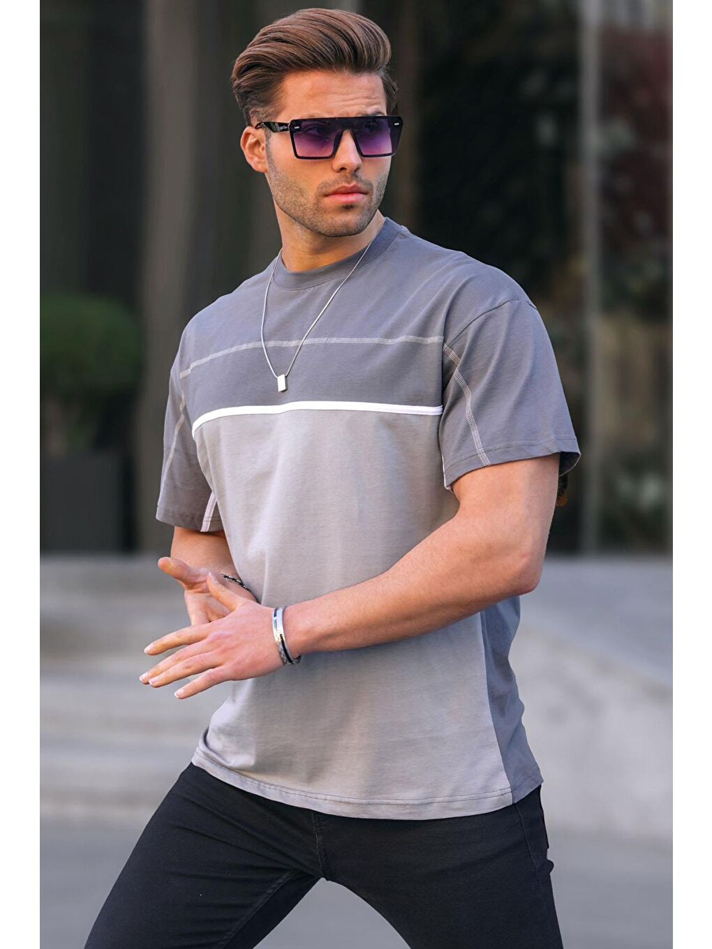 Gri Füme Renk Bloklu Erkek Tişört 5826-1