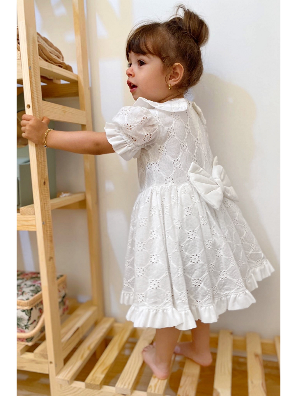 Ekru Fistolu Bebe Yaka Kısa Kol Kız Çocuk Kız Bebek Elbise-3