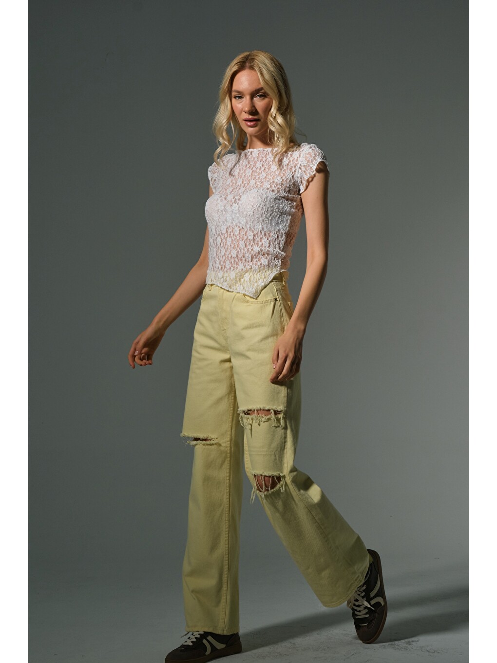 Sarı Yüksek bel geniş paça palazzo lzer yırtık detaylı none-denim kadın pantolon-2