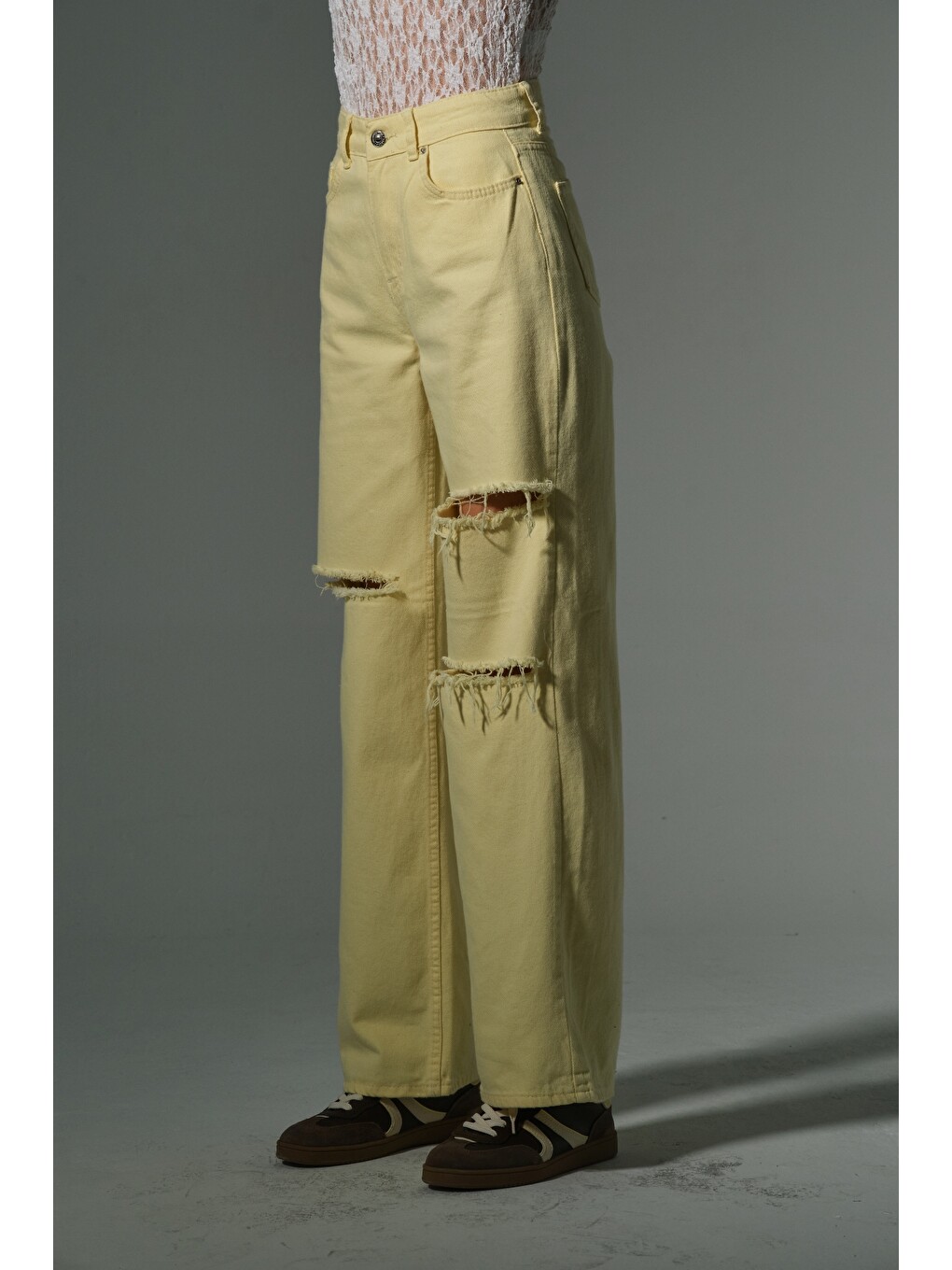 Sarı Yüksek bel geniş paça palazzo lzer yırtık detaylı none-denim kadın pantolon-3