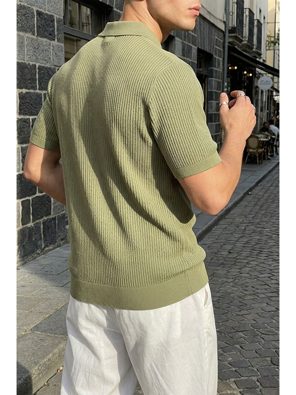 Yeşil Bande Regular Fit Erkek Kısa Kol Triko Polo Yaka Dokulu Tişört-5