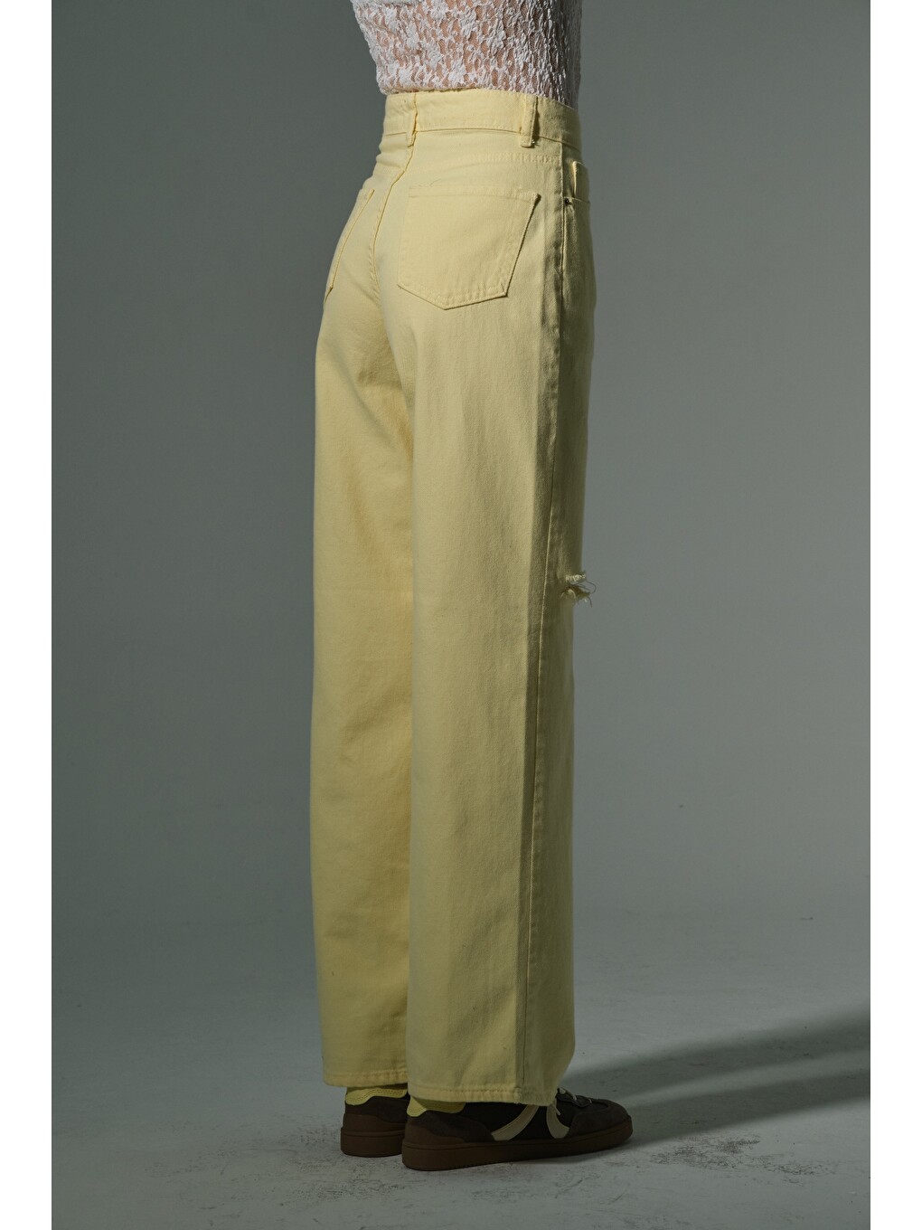 Sarı Yüksek bel geniş paça palazzo lzer yırtık detaylı none-denim kadın pantolon-4