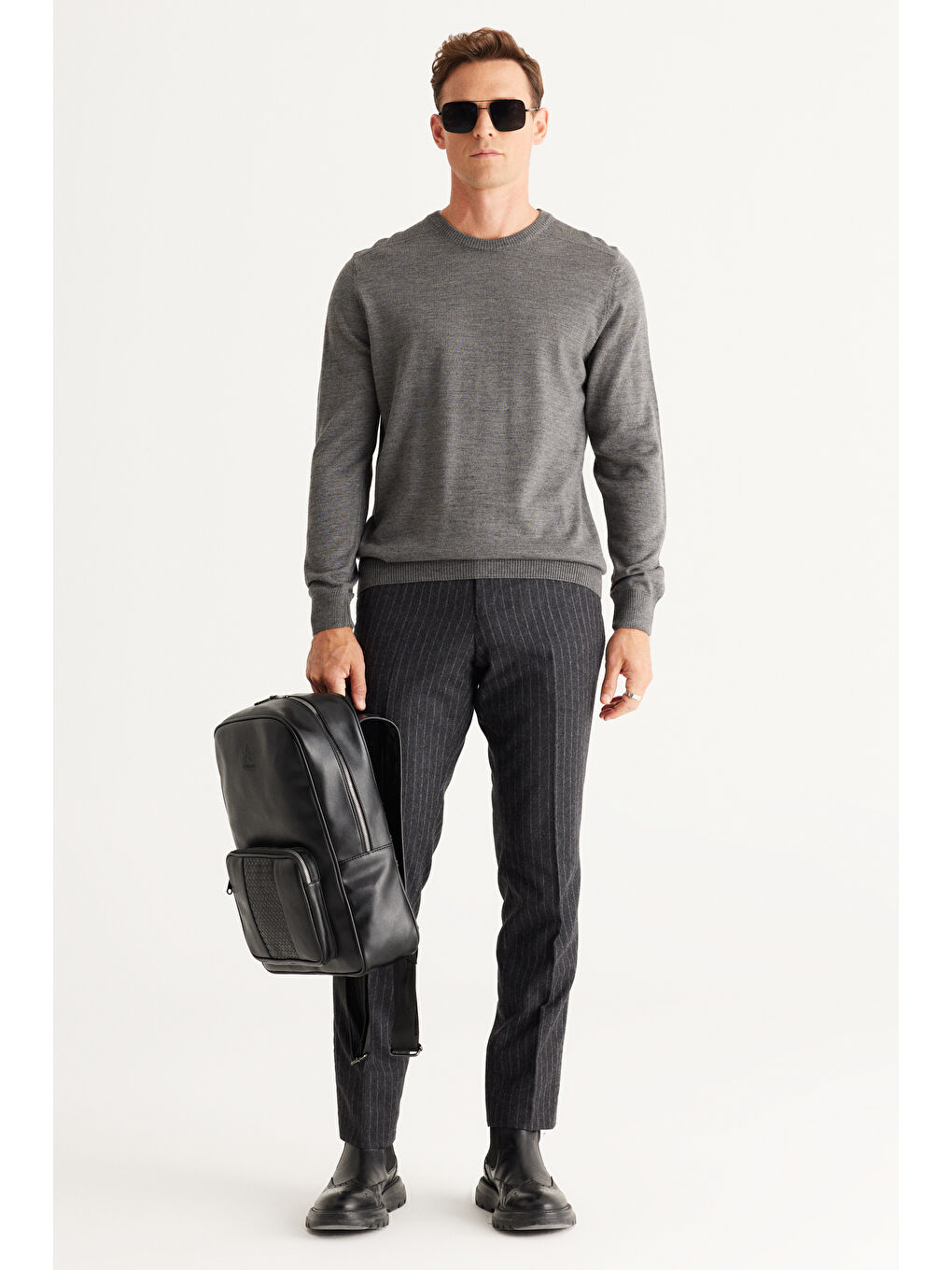 Erkek Gri Melanj Standart Fit Normal Kesim Bisiklet Yaka Triko Kazak-1