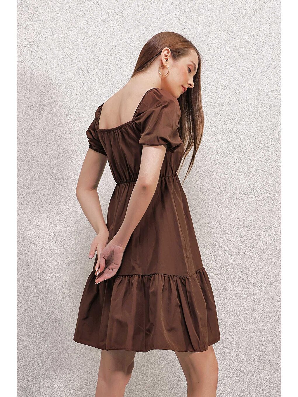 Kahverengi Kloş Poplin Elbise-4