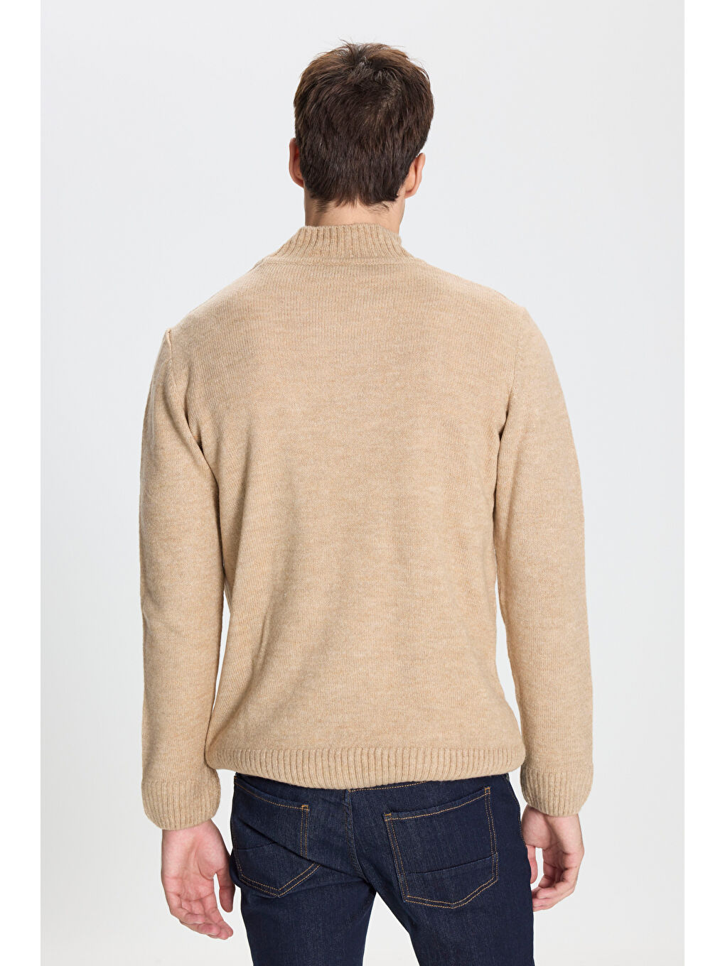 Kahverengi Erkek Sütlü Kahve Standart Fit Yarım Balıkçı Yaka Triko Kazak-4