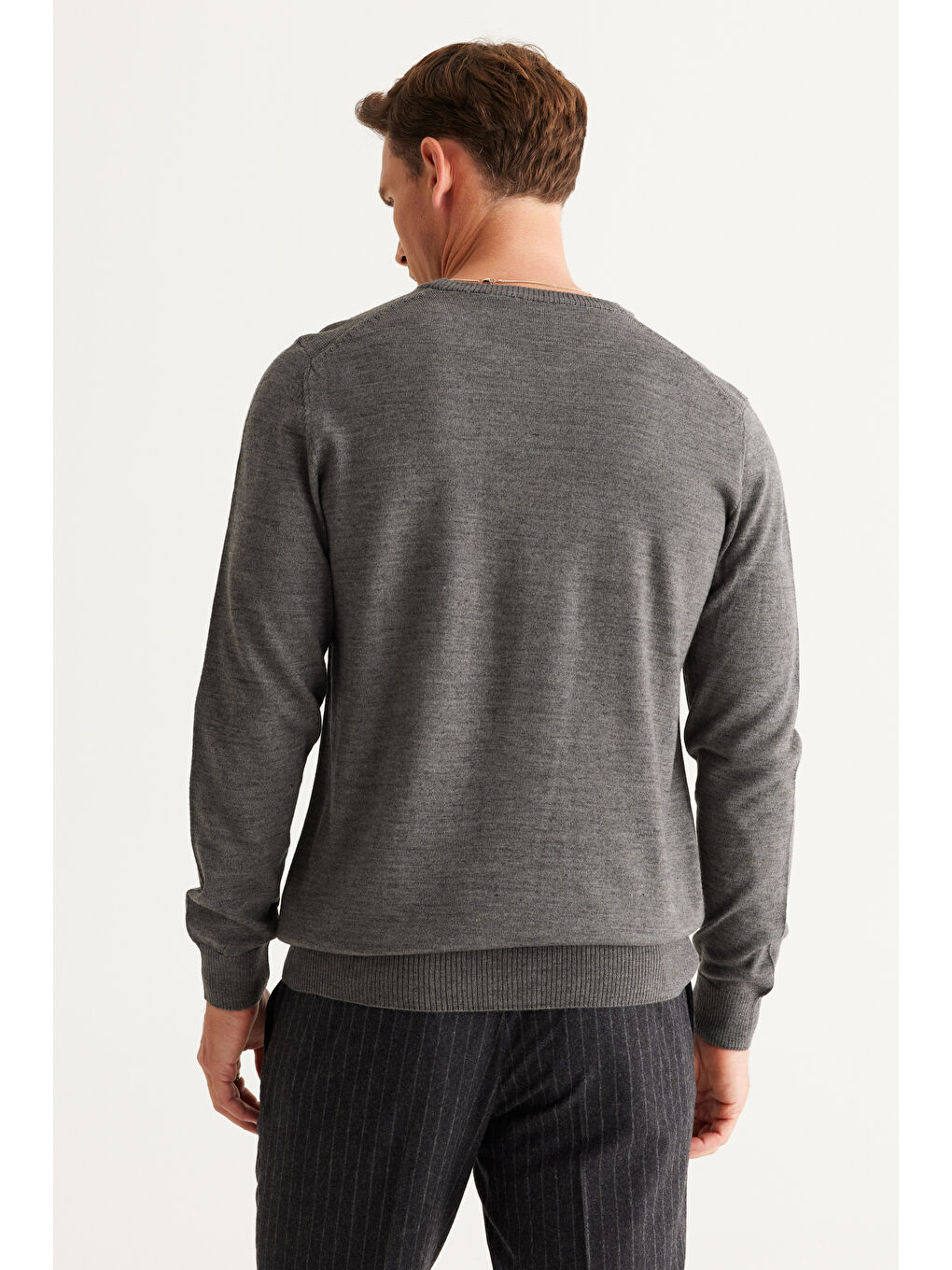 Erkek Gri Melanj Standart Fit Normal Kesim Bisiklet Yaka Triko Kazak-4