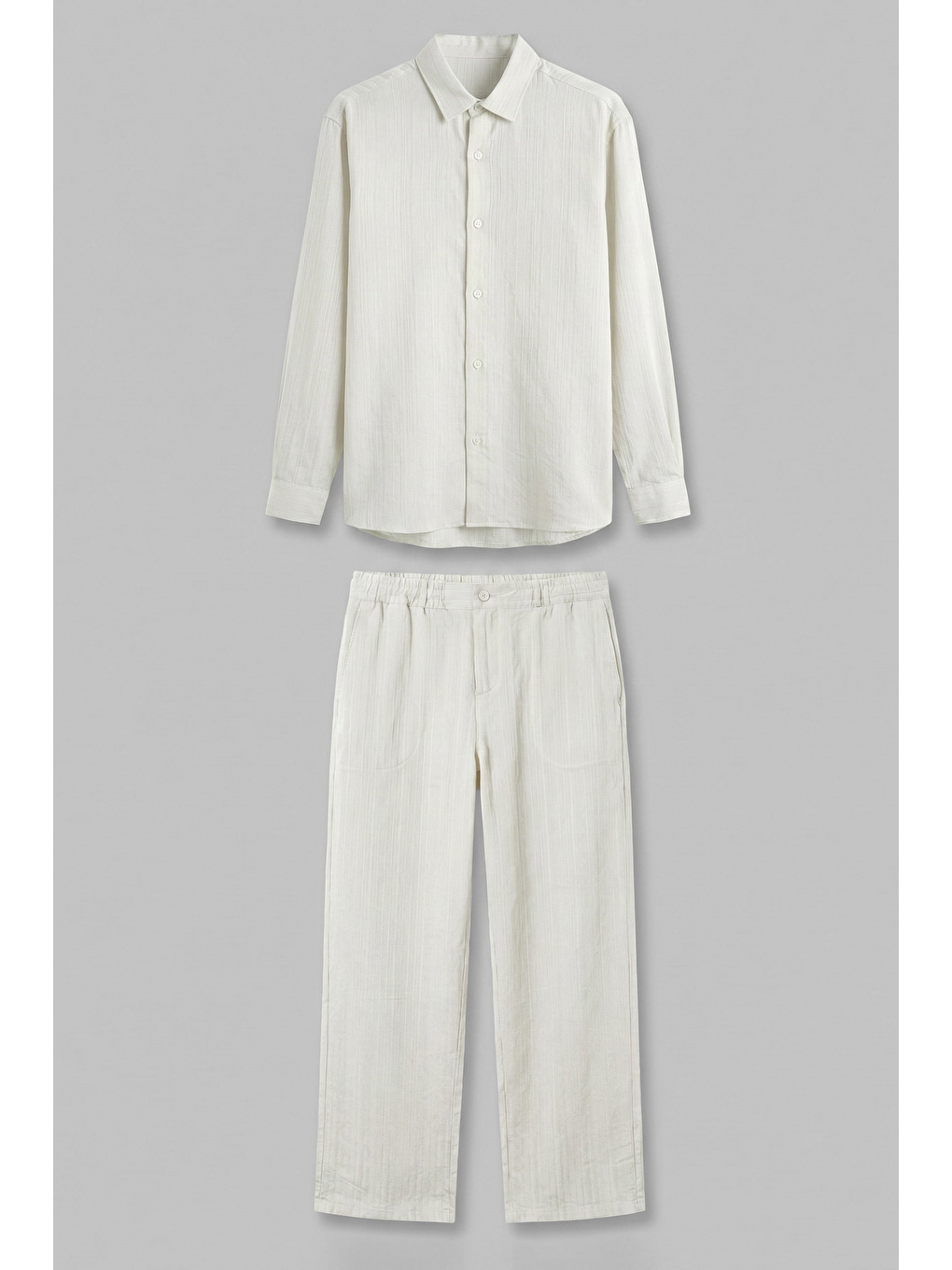 Erkek Baggy Çizgili %100 Pamuk Gömlek Pantolon İkili Takım Beyaz