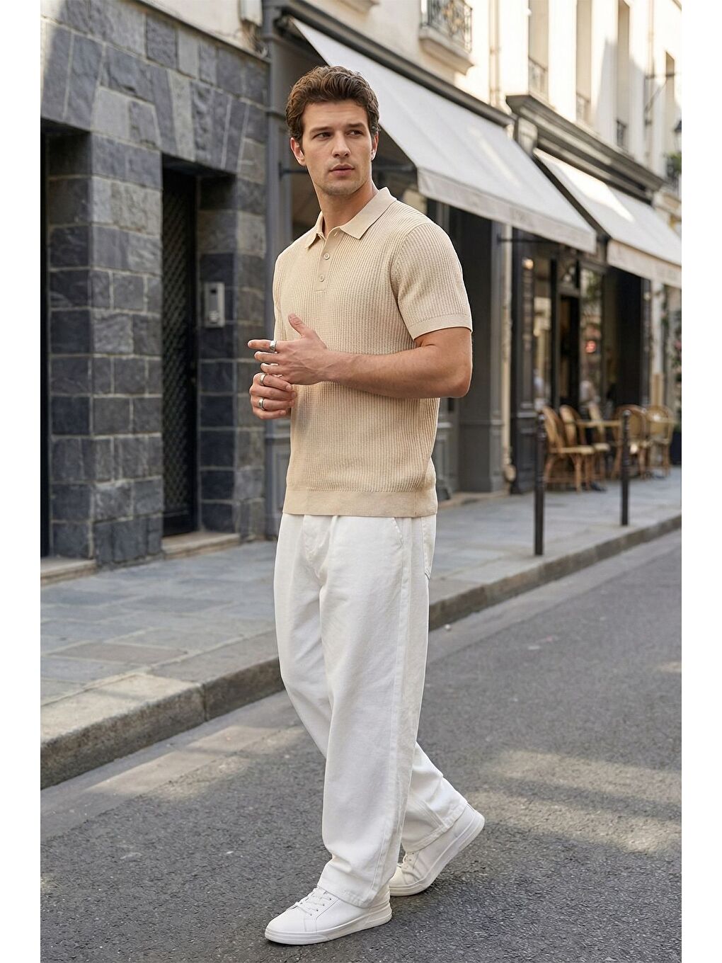 Bej Bande Regular Fit Erkek Kısa Kol Triko Polo Yaka Dokulu Tişört-4