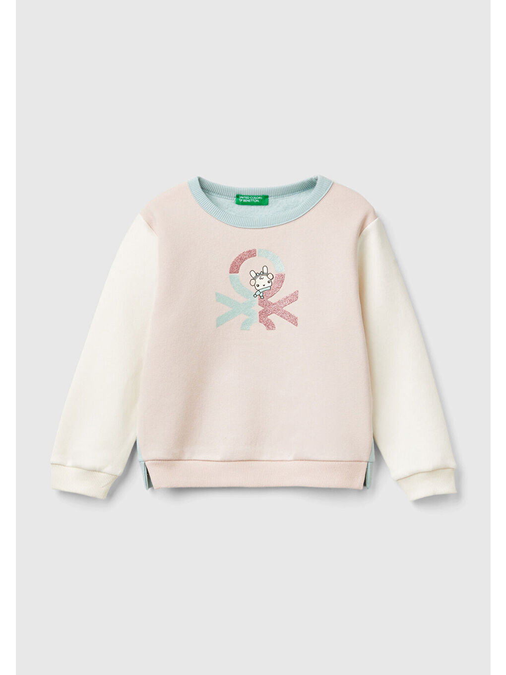 Kız Çocuk Pembe Mix Önü Simli Logo Baskılı Etek Ucu Yırtmaçlı Regular Fit Sweatshirt