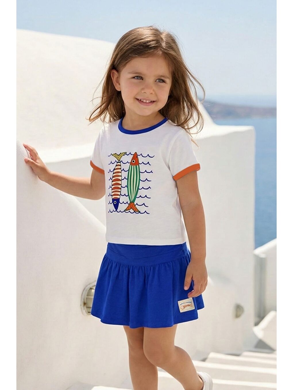 Mavi Kız Çocuk Baskılı T-Shirt Ve Etek Takım  - Sax