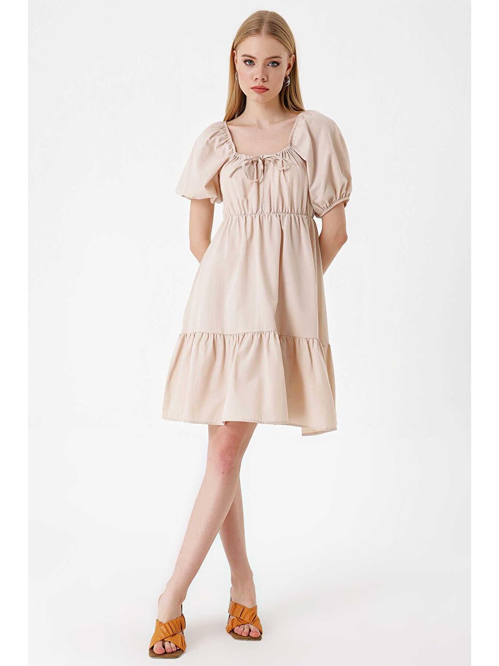 Bej Kloş Poplin Elbise