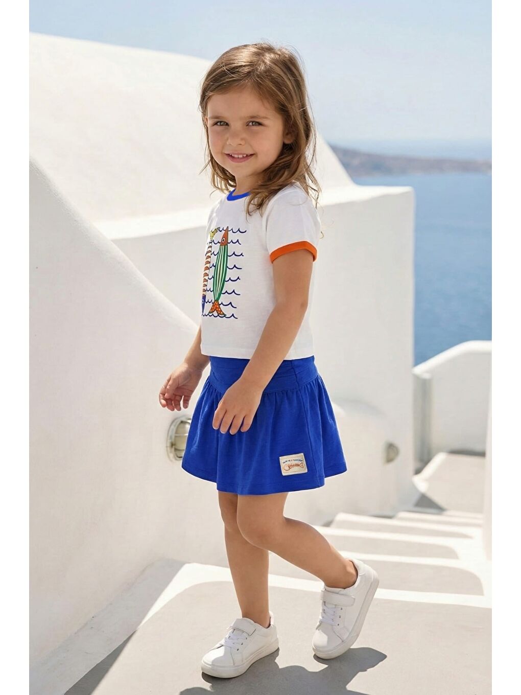Mavi Kız Çocuk Baskılı T-Shirt Ve Etek Takım  - Sax-1