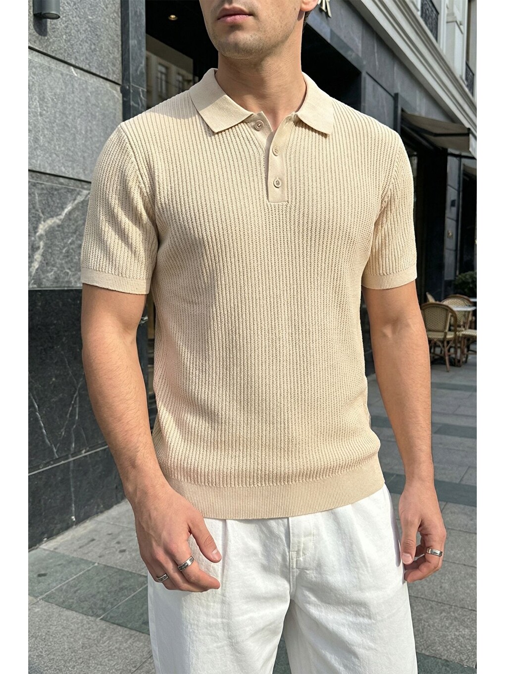 Bej Bande Regular Fit Erkek Kısa Kol Triko Polo Yaka Dokulu Tişört-5
