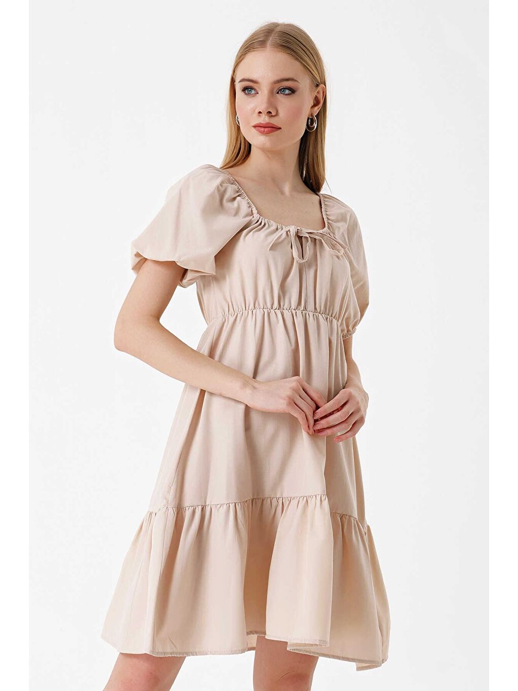 Bej Kloş Poplin Elbise-1