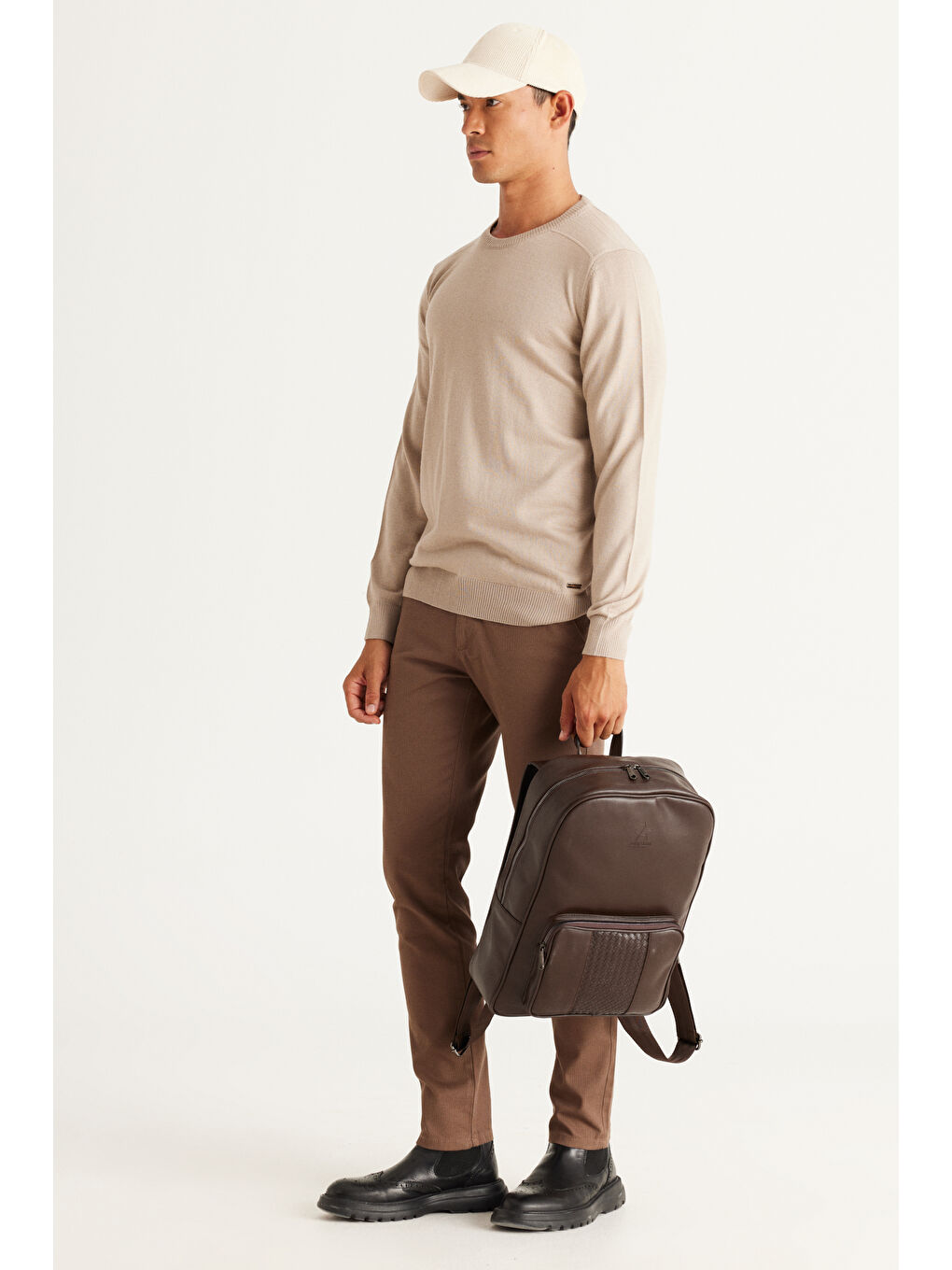 Erkek Bej Standart Fit Normal Kesim Bisiklet Yaka Triko Kazak-1