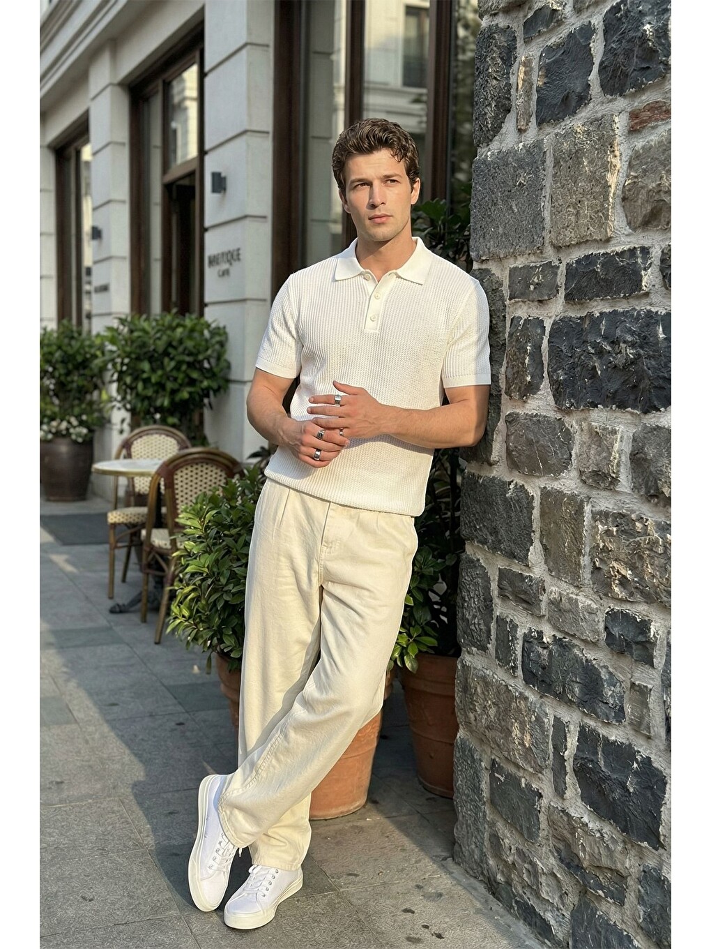Beyaz Bande Regular Fit Erkek Kısa Kol Triko Polo Yaka Dokulu Tişört-5