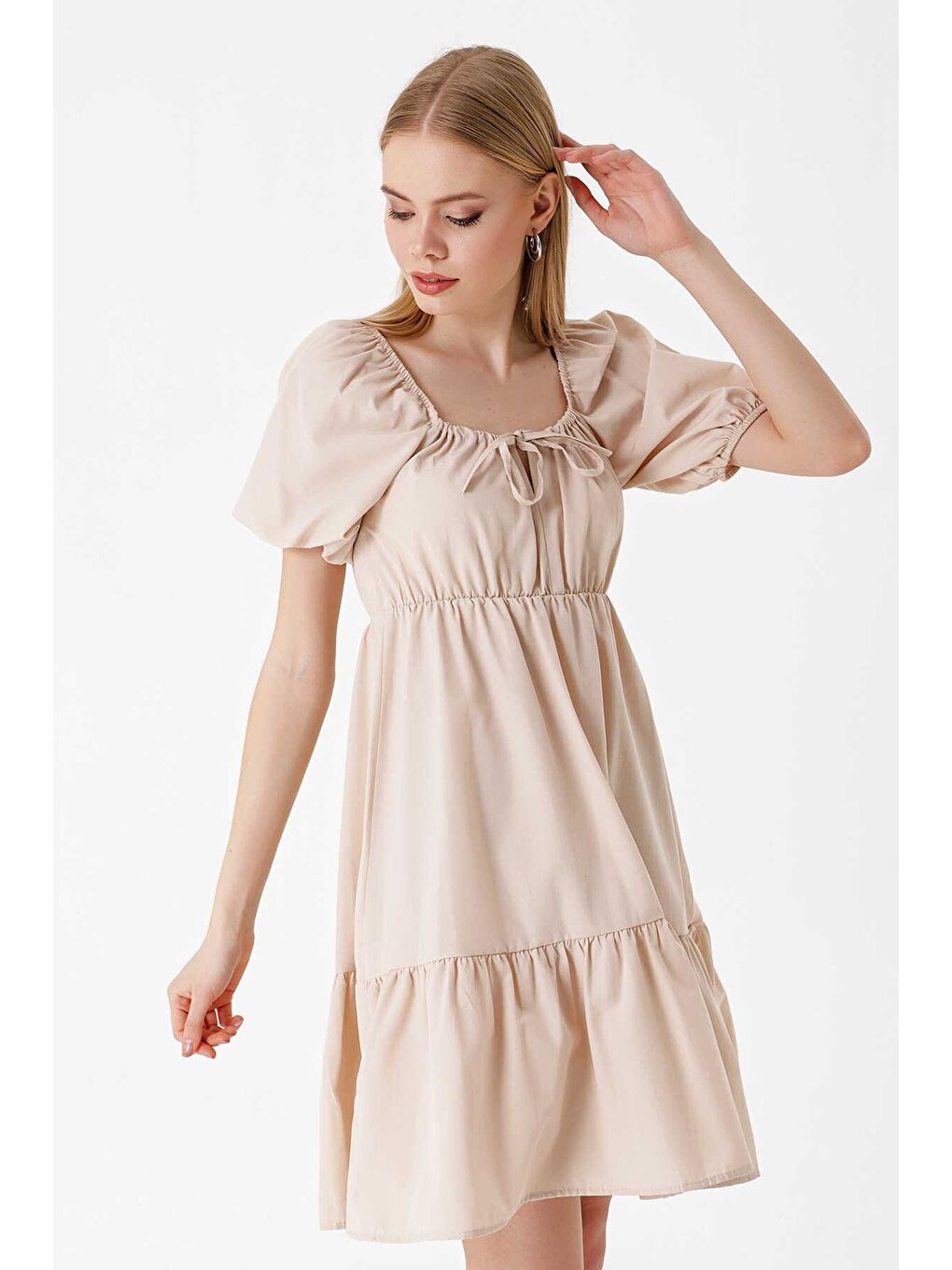 Bej Kloş Poplin Elbise-3