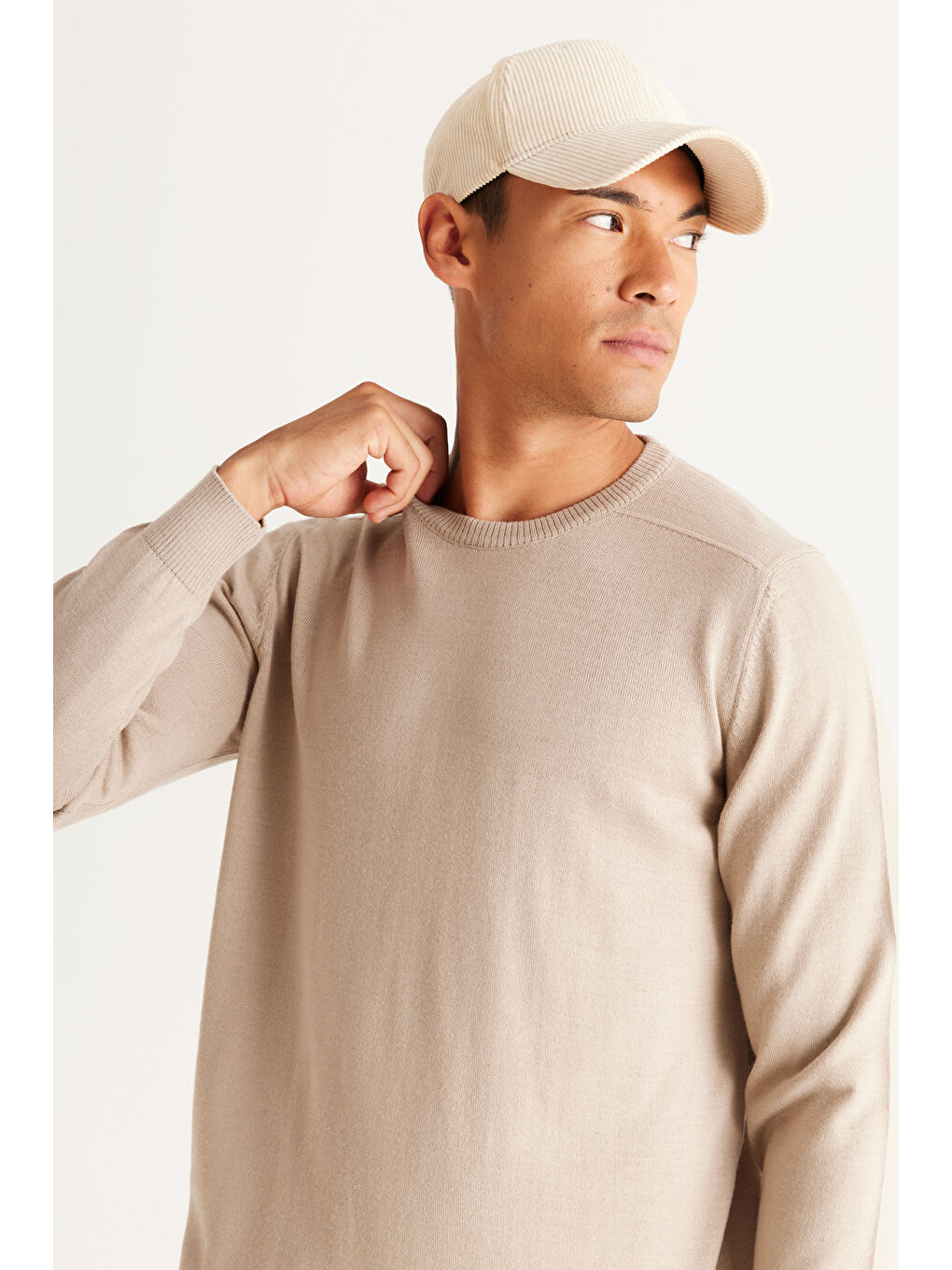 Erkek Bej Standart Fit Normal Kesim Bisiklet Yaka Triko Kazak-3