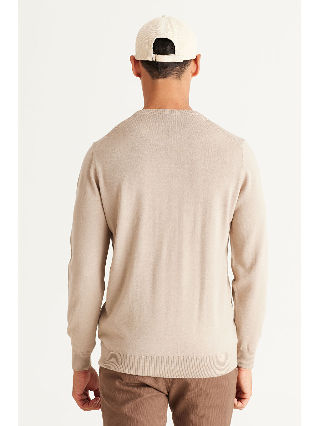 Erkek Bej Standart Fit Normal Kesim Bisiklet Yaka Triko Kazak-4