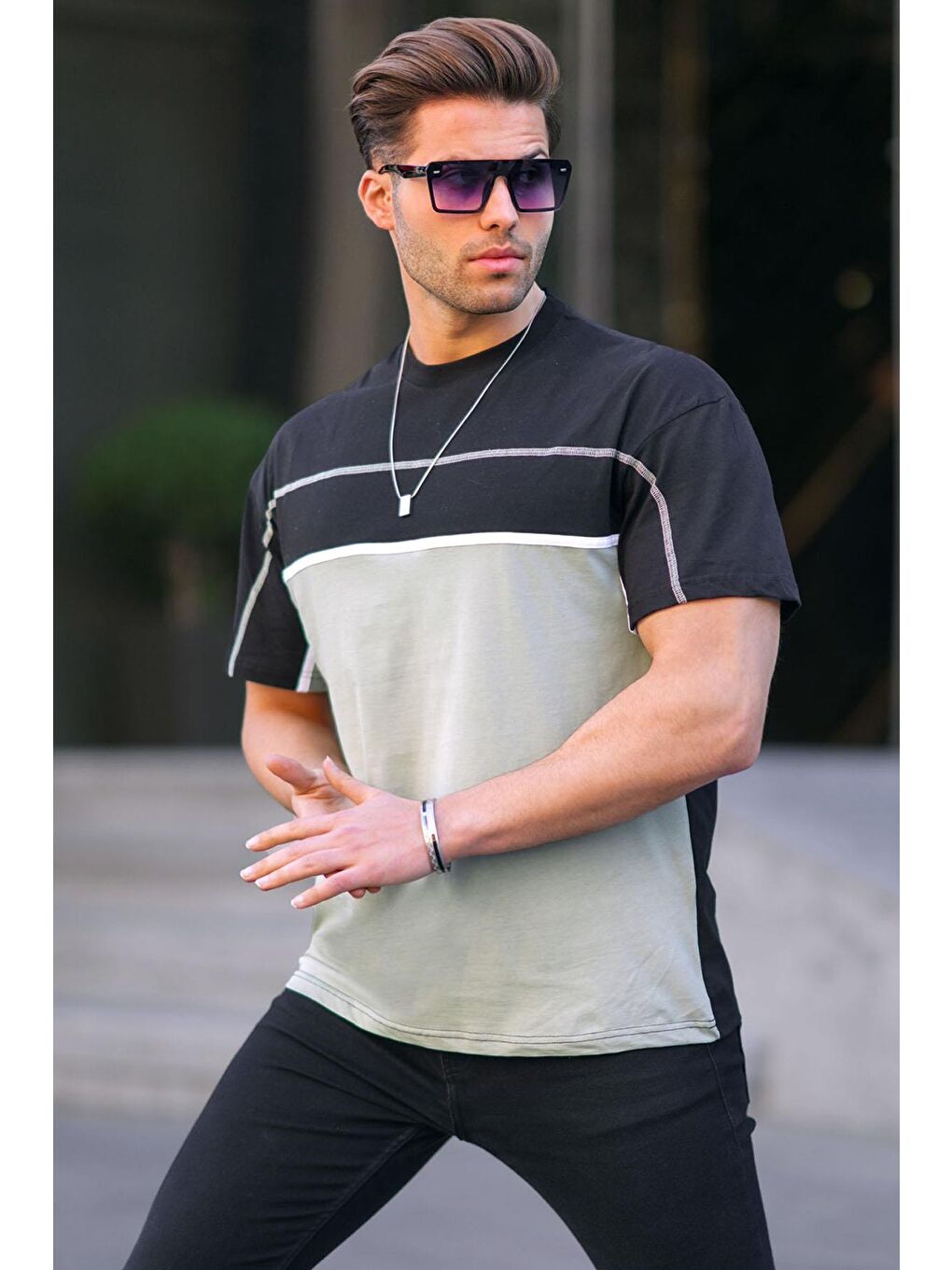 Siyah Renk Bloklu Erkek Tişört 5826