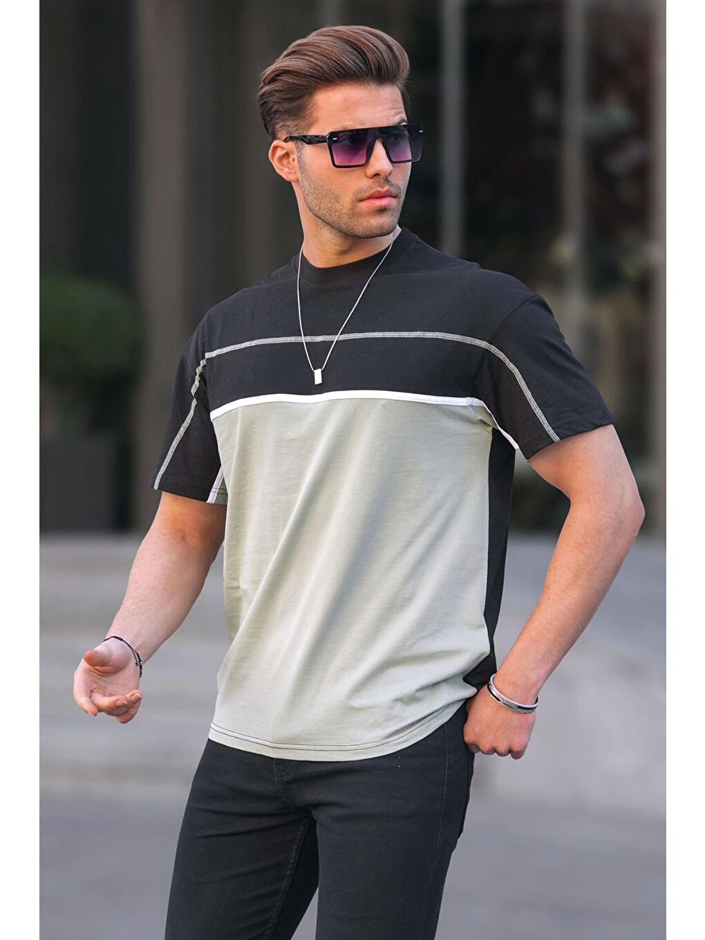 Siyah Renk Bloklu Erkek Tişört 5826-1