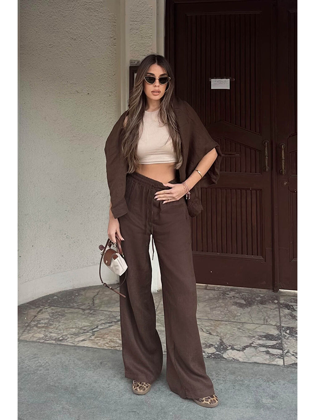 Kahverengi Palazzo Keten Pantolon 6YXK5-49089-18