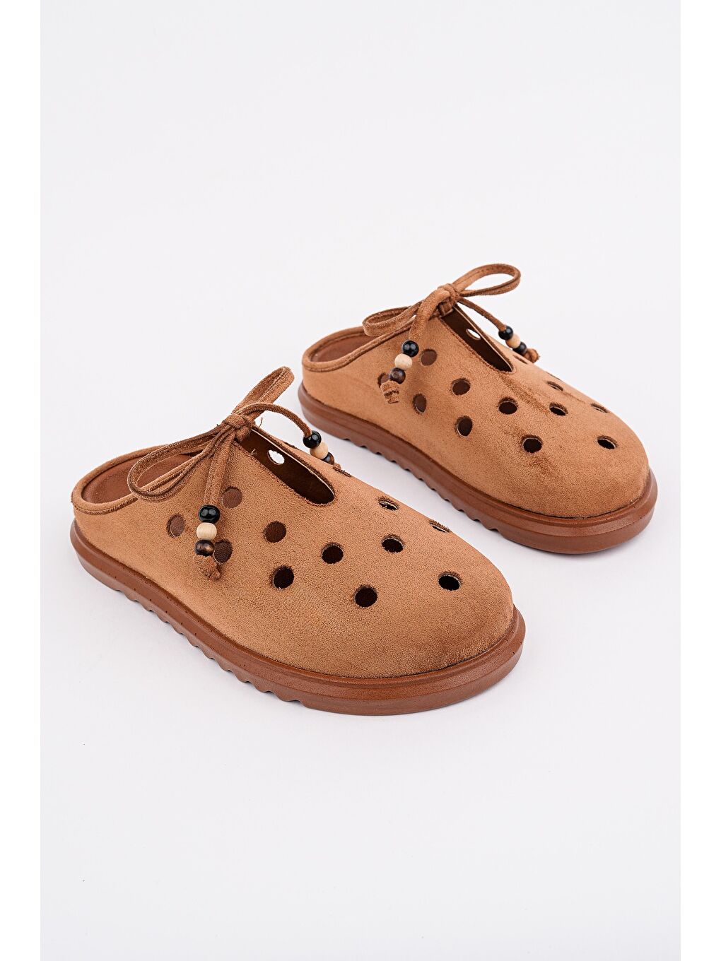 Kahverengi SHAMMY Süet Deri Delikli Bağcıklı Günlük Rahat Önü Kapalı Kadın Terlik-1