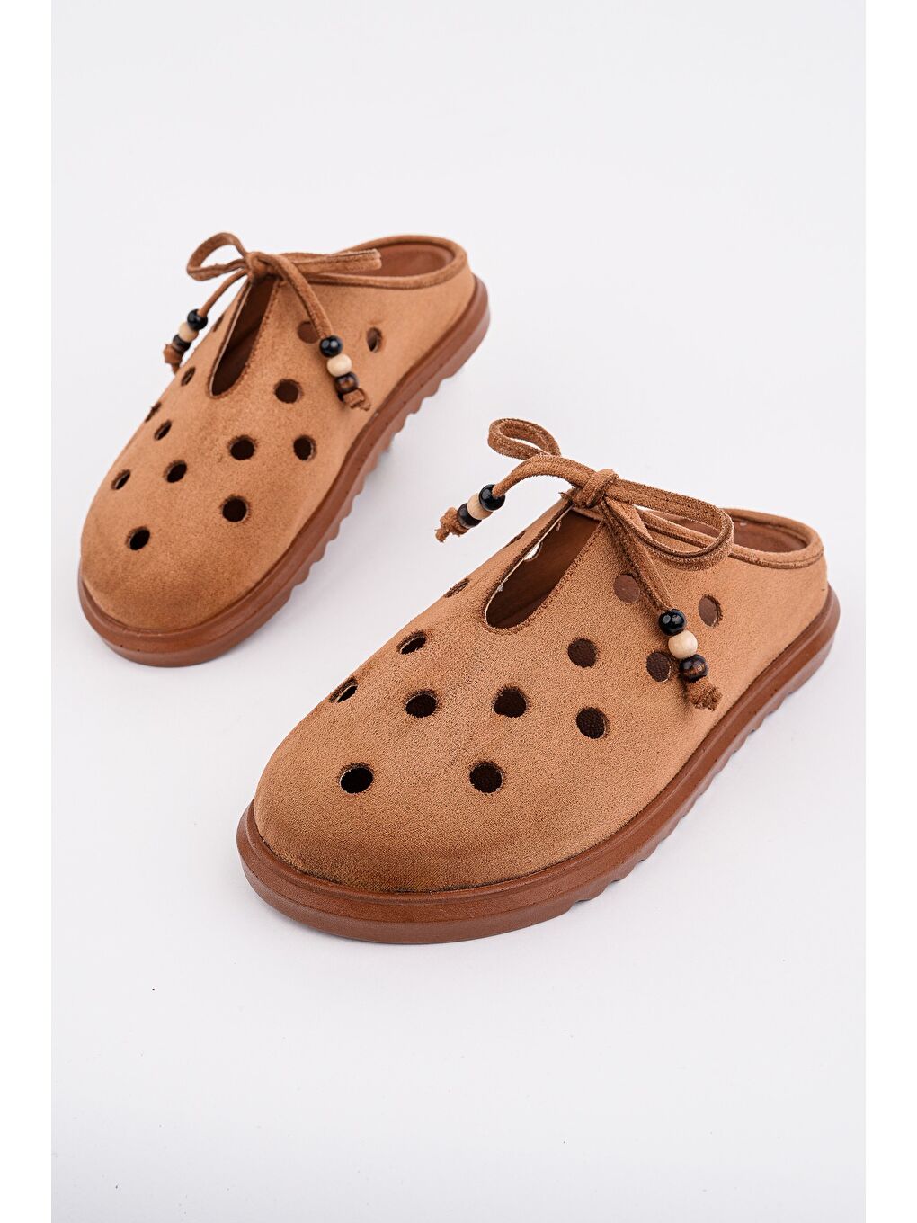 Kahverengi SHAMMY Süet Deri Delikli Bağcıklı Günlük Rahat Önü Kapalı Kadın Terlik-2